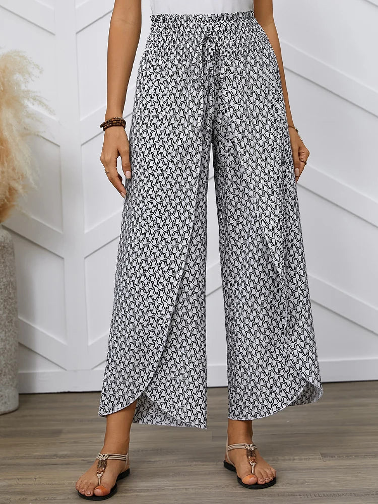Spring/Summer Women's French Style Full Print Waist Tulip Hem Wide Leg Loose Crossed Long Pants