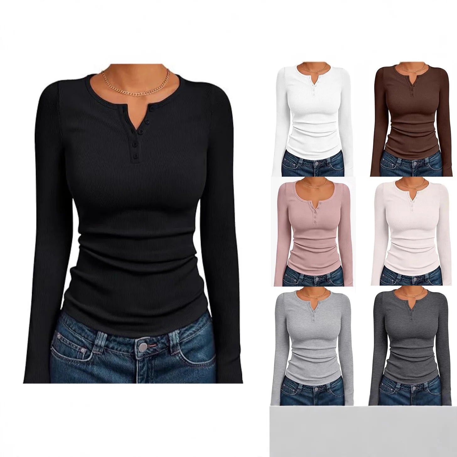 Fashionable Women's Long Sleeve Slim Fit Autumn 2025 Henry Collar T-Shirt Ribbed Basic Style Top for Ladies