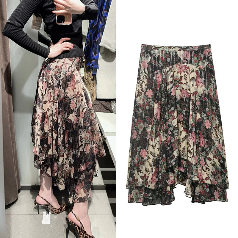 Women's Skirt 2026 New Fashion Spring Summer Floral Print Midi Skirt for Women Casual Chic Personality Female Skirt